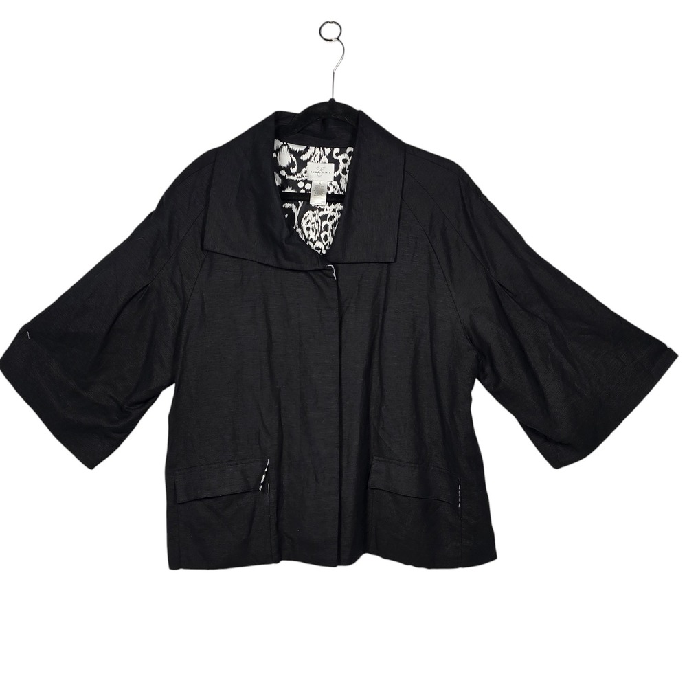 Emma James Womens XL Black Linen Blend 3/4 Sleeve‎ Jacket Printed Lining Blazer